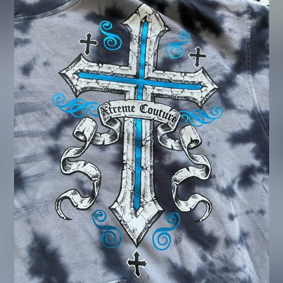 NWT Men’s Medium Xtreme Couture Foiled Graphics Hoodie With Crosses Tie-Dye - Picture 6 of 10